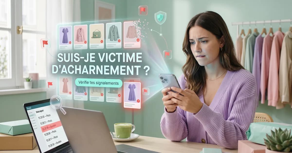 Vendeuse Vinted vérifiant si elle est victime d'acharnement et de signalements abusifs via la demande de données RGPD