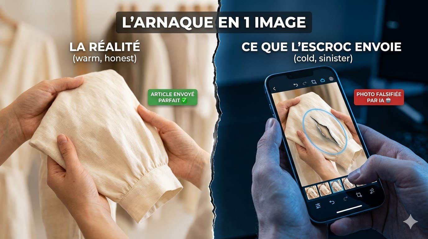 Illustration arnaque Refund IA : vêtement réel vs photo falsifiée par intelligence artificielle sur smartphone