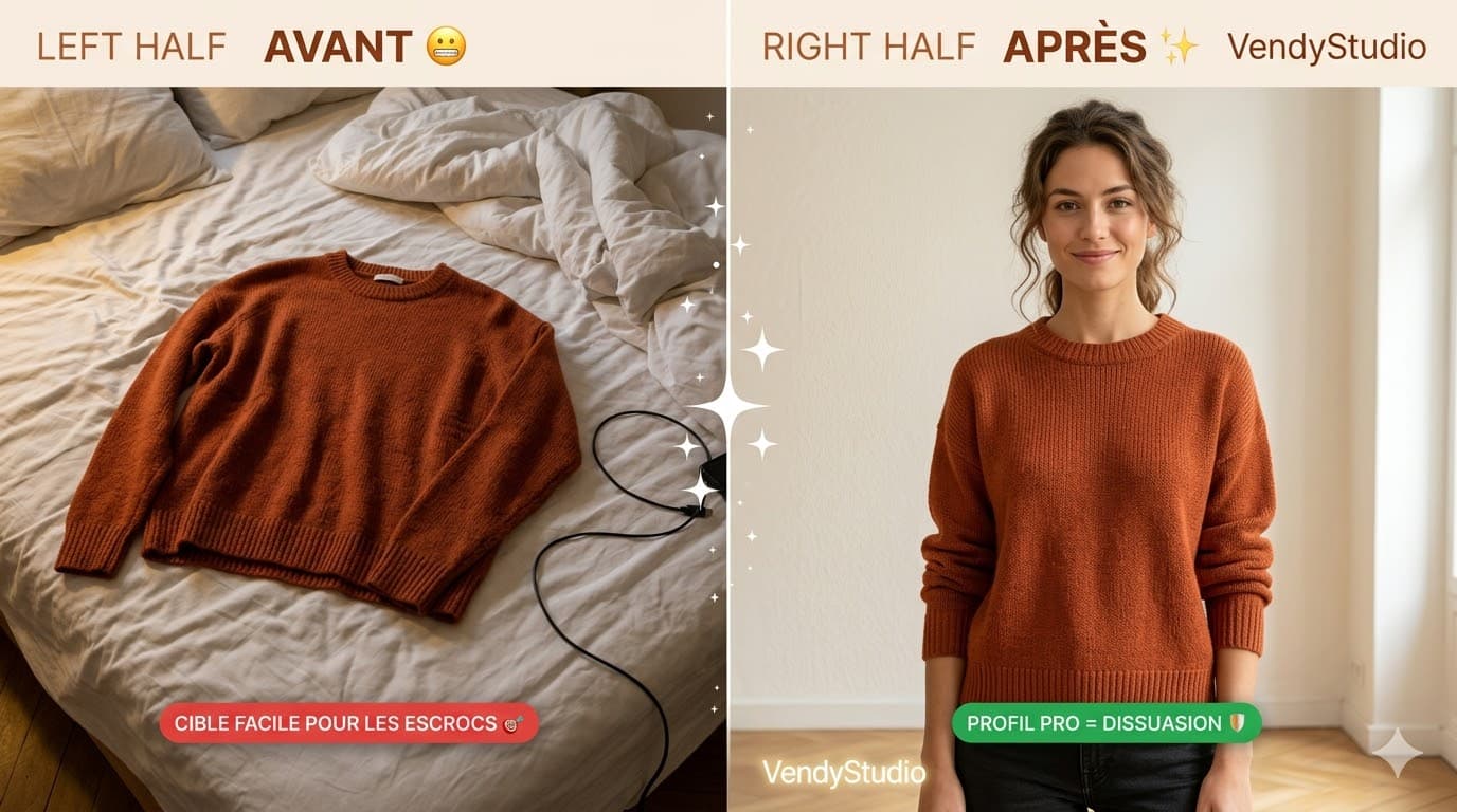 Comparaison annonce Vinted amateur vs profil VendyStudio avec mannequin IA — présentation pro pour dissuader les fraudes