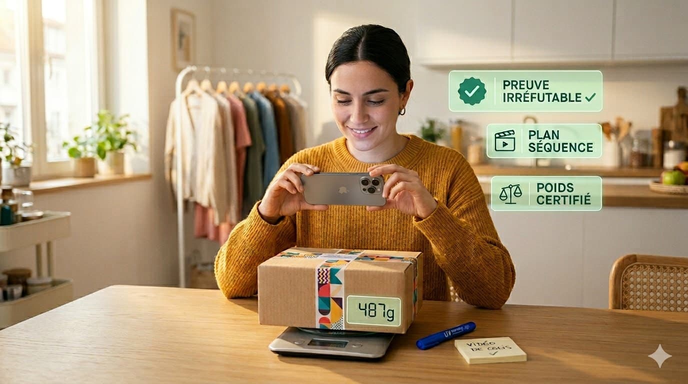 Vendeuse Vinted filmant l'emballage de son colis posé sur une balance — astuces anti-arnaque IA 2026