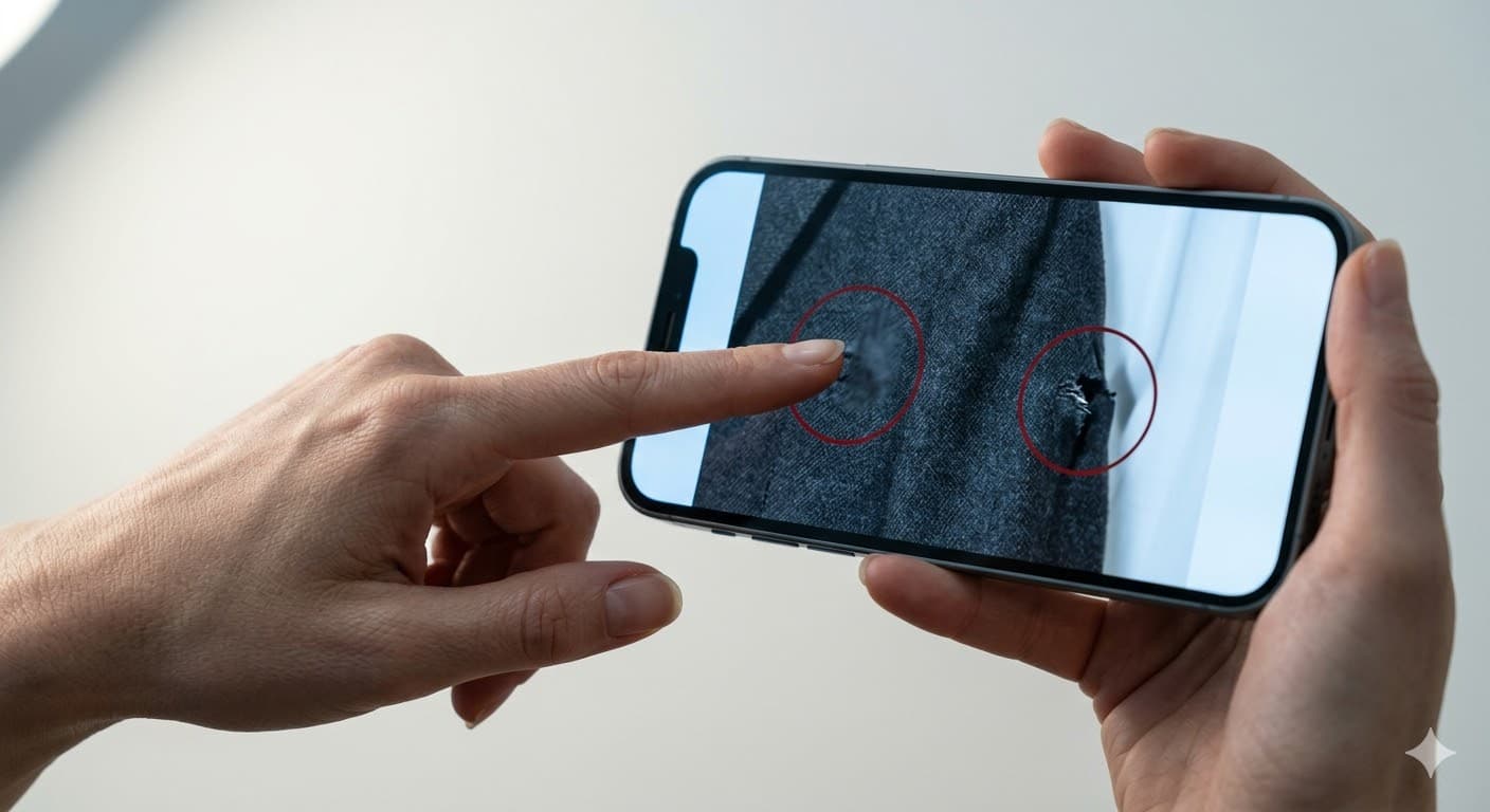 Détection artefacts IA dans photo de litige Vinted — main pointant vers une zone suspecte sur smartphone