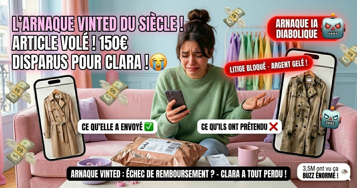 Arnaque IA Vinted 2026 — femme tenant un vêtement devant un miroir fissuré révélant une interface IA de falsification