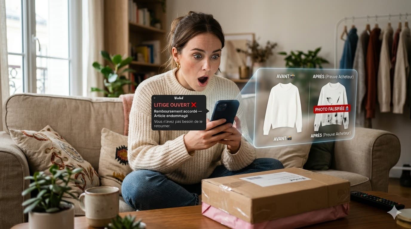 Vendeuse Vinted découvrant une notification de litige frauduleux sur son téléphone — arnaque Refund IA 2026
