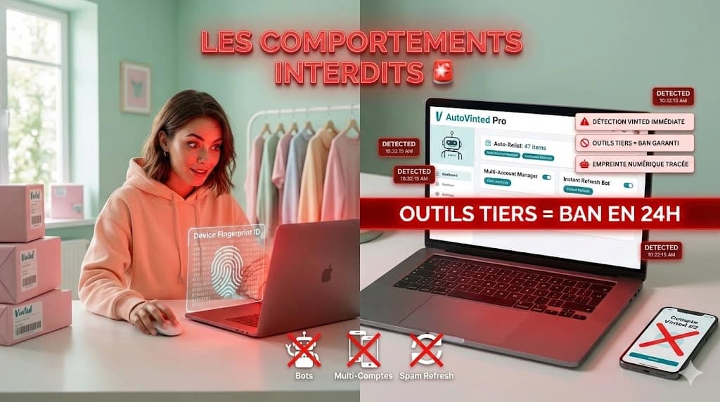 Comportements interdits sur Vinted : bots, multi-comptes, refresh spam détectés par l'algorithme en février 2026