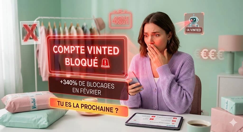 Vague de bannissements Vinted février 2026 - Graphique montrant l'augmentation de 340% des restrictions