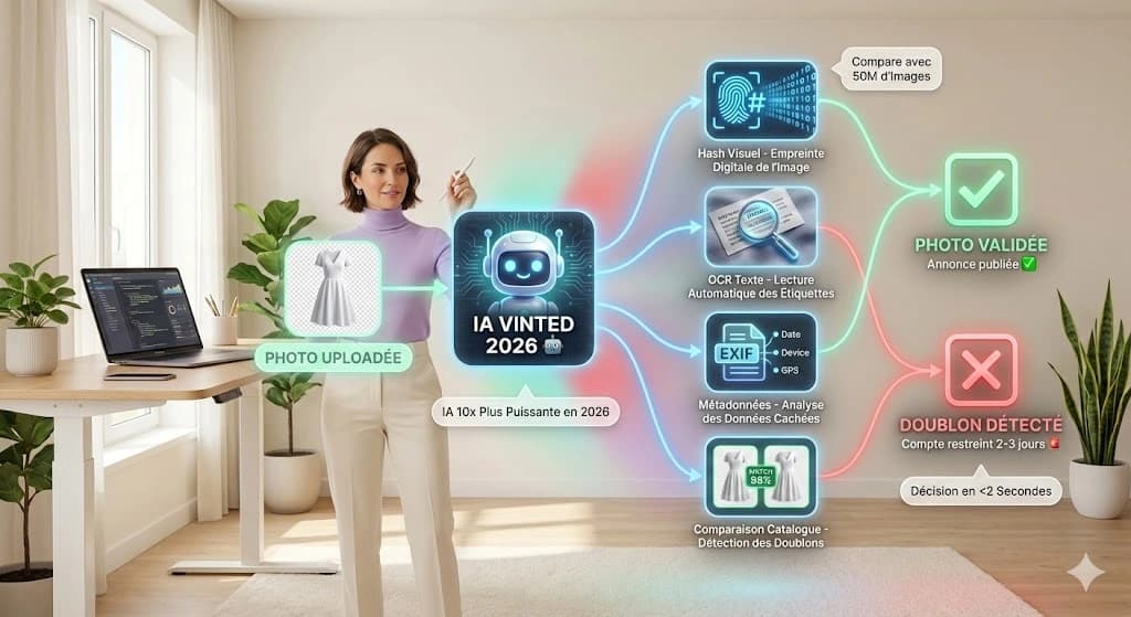 Flowchart explicatif - Comment l'algorithme IA de Vinted détecte les listings dupliqués : hash visuel, OCR, métadonnées, comparaison catalogue