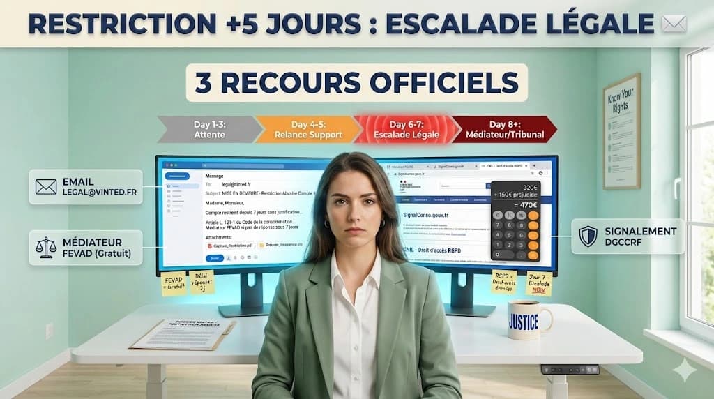 Processus d'escalade support Vinted : du message support au recours RGPD et médiateur FEVAD