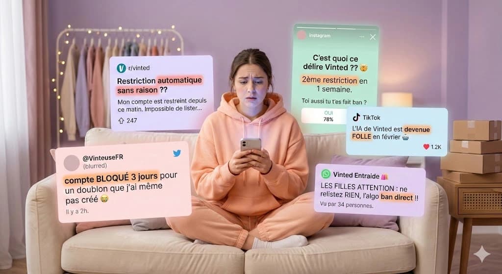 Compilation de témoignages de vendeurs Vinted bloqués en février 2026 - Twitter, Reddit, TikTok