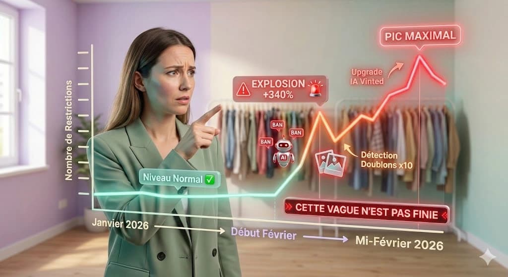 Timeline de la vague de bans Vinted février 2026 - Graphique montrant l'explosion de +340% des restrictions