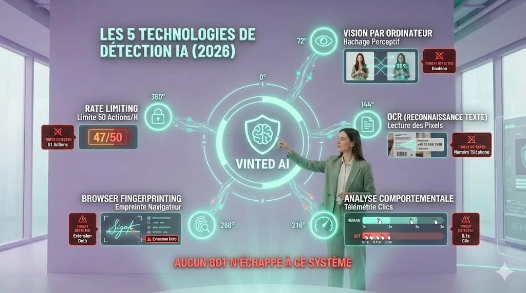 Schéma des 5 technologies de détection IA de Vinted en 2026 : vision par ordinateur, OCR, analyse comportementale, fingerprinting, rate limiting