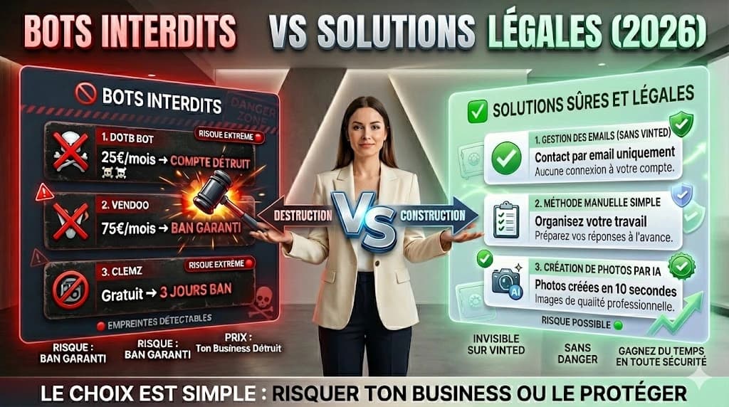 Comparaison bots interdits vs CRM passifs légaux : VintedCRM et VintyCRM comme alternatives 100% safe