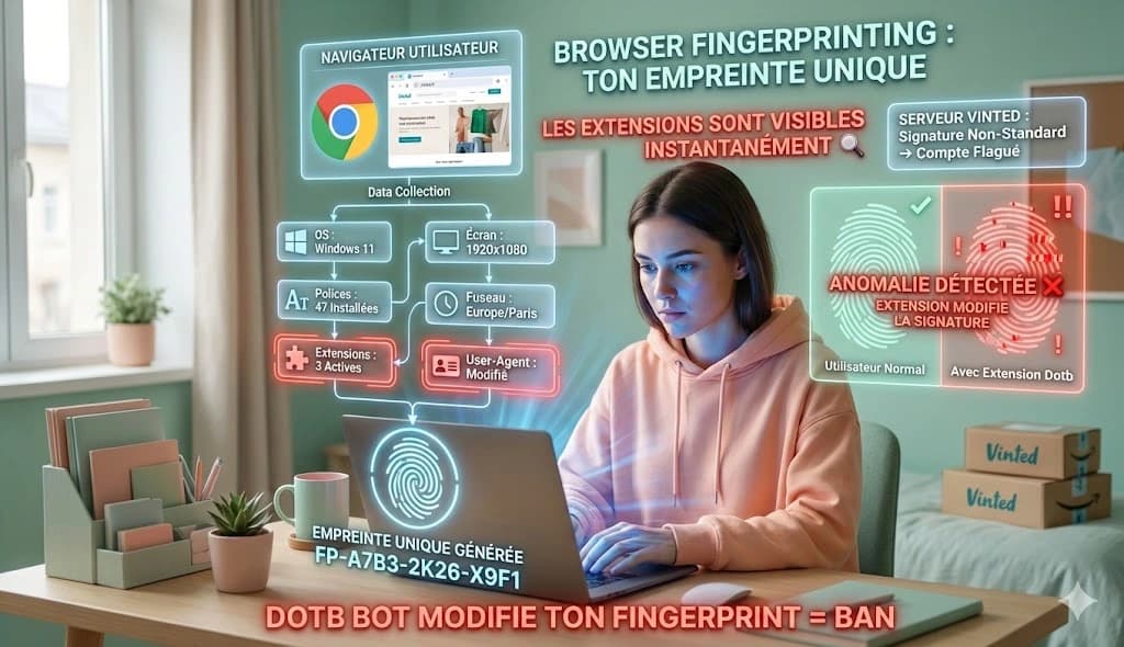 Schéma du browser fingerprinting : comment Vinted détecte les extensions Chrome et modifications du navigateur