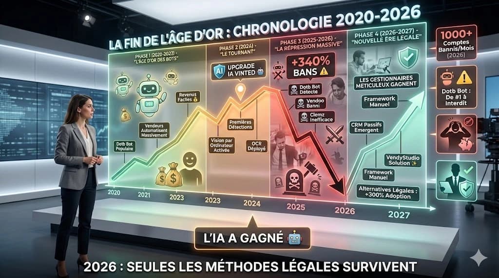 Graphique conclusion : fin de l'âge d'or des bots Vinted, triomphe de l'algorithme de détection IA en 2026