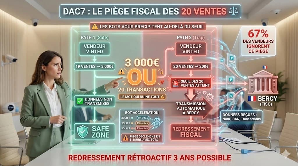 Schéma du piège fiscal DAC7 : seuil des 20 ventes qui déclenche la transmission automatique des données à Bercy