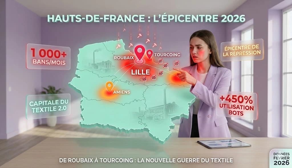 Carte des Hauts-de-France montrant l'épicentre de l'utilisation des bots Vinted et de la répression algorithmique