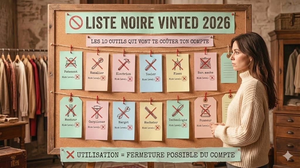 Tableau liste noire des 10 bots Vinted interdits en 2026 : Dotb Bot, Grow Bot, Vendoo, Clemz, GitHub bots, VBot, Vintup, Crosslist, Lobstr, Discord bots avec niveau de risque et prix