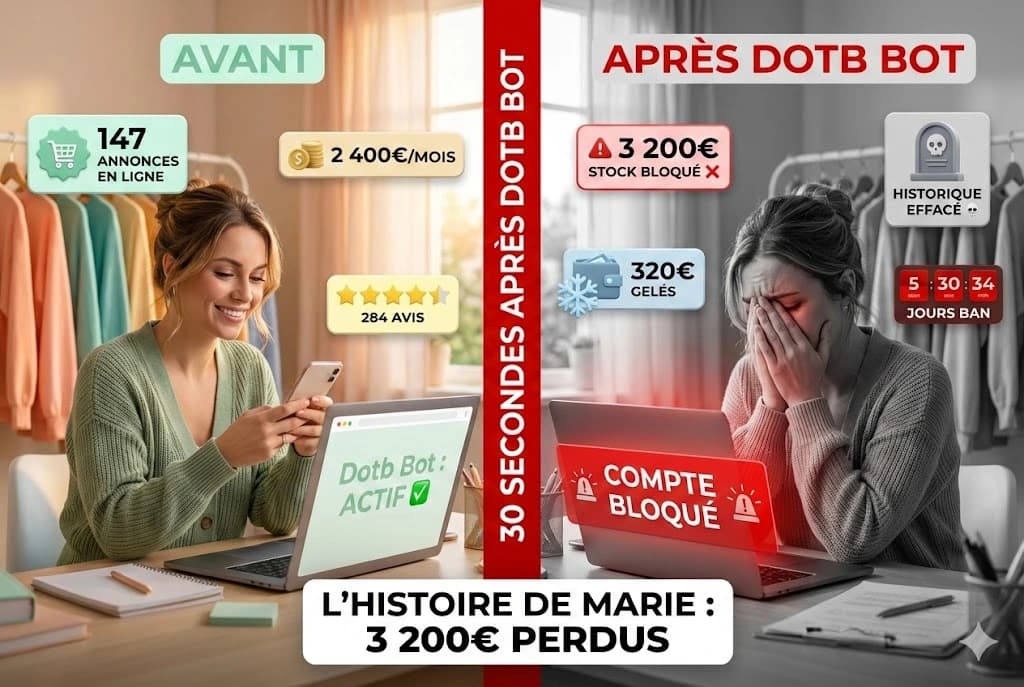 Illustration de l'histoire de Marie qui a perdu 3200€ en utilisant Dotb Bot sur Vinted en février 2026
