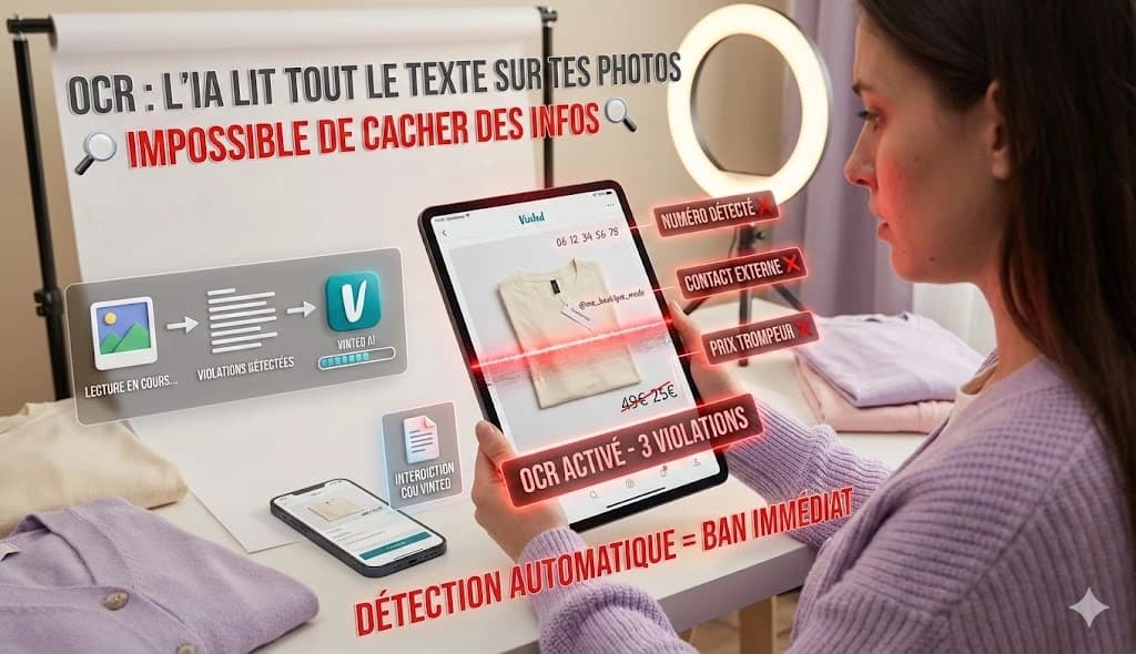 Exemple de reconnaissance OCR par l'IA Vinted : détection de texte caché sur photos (numéro téléphone, prix, Instagram)