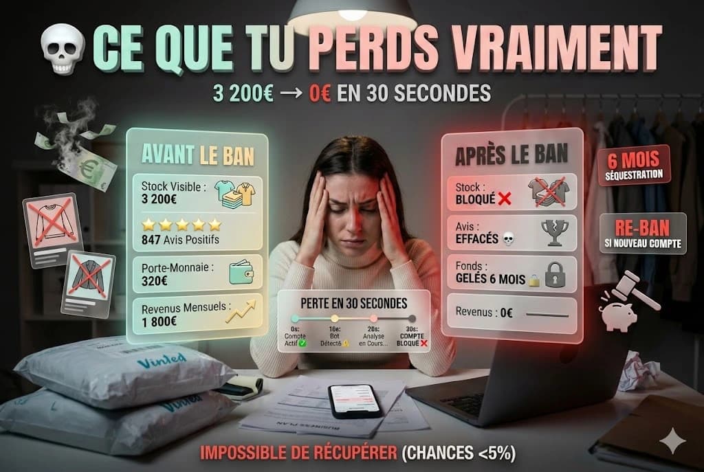 Visualisation des pertes financières liées au bannissement Vinted : stock bloqué, historique perdu, fonds séquestrés, temps gaspillé