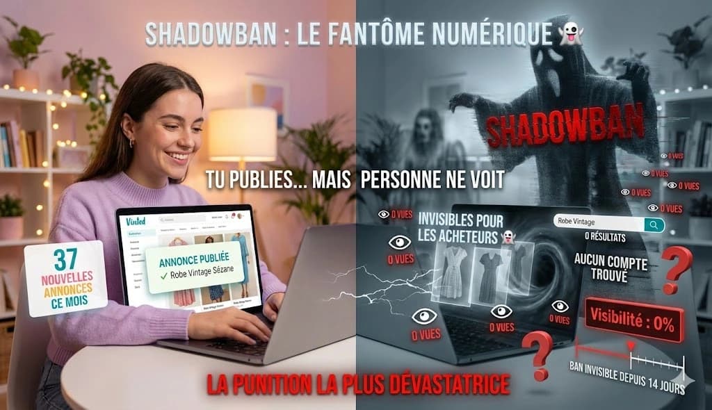 Illustration du shadowban Vinted : compte actif mais annonces invisibles, chute drastique des vues à zéro