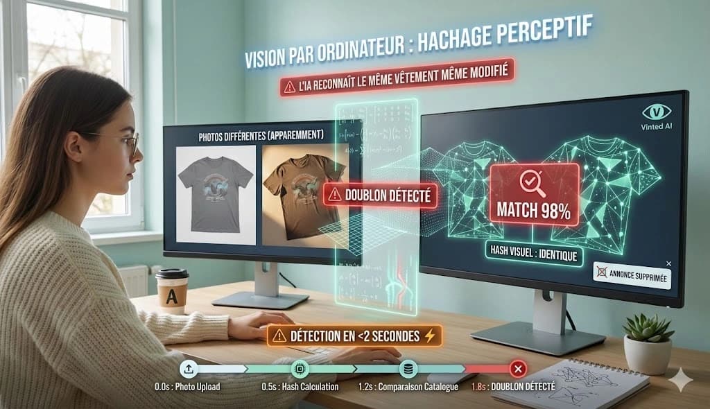 Illustration du hachage perceptif : comment l'IA Vinted détecte les doublons d'images même modifiées via vision par ordinateur