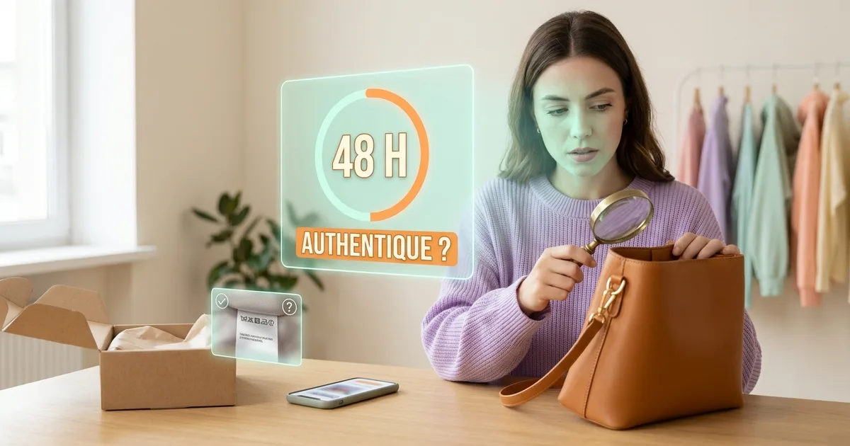 Sac à main de marque examiné à la loupe à côté d'un smartphone et d'un chronomètre, symbole de la vérification d'authenticité en 48 heures sur Vinted