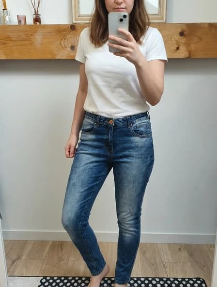 Photo Vinted IA : jean slim porté par un mannequin virtuel sur fond personnalisé