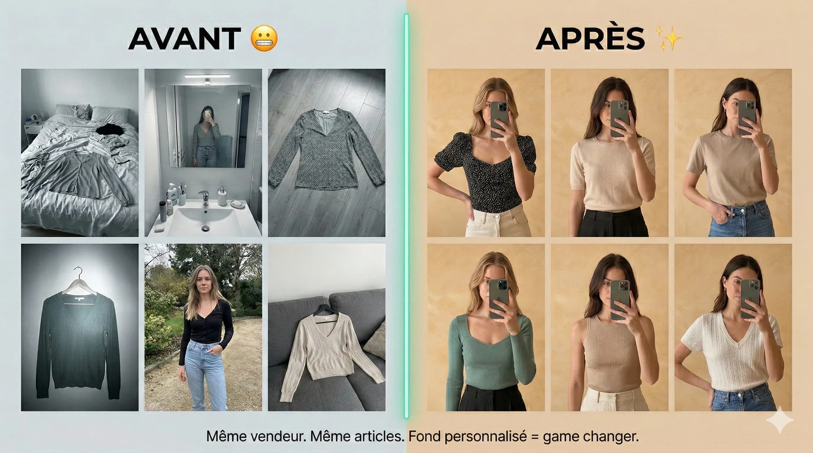 Exemple de profil Vinted cohérent avec photos vêtement IA et fond personnalisé identique sur toutes les annonces
