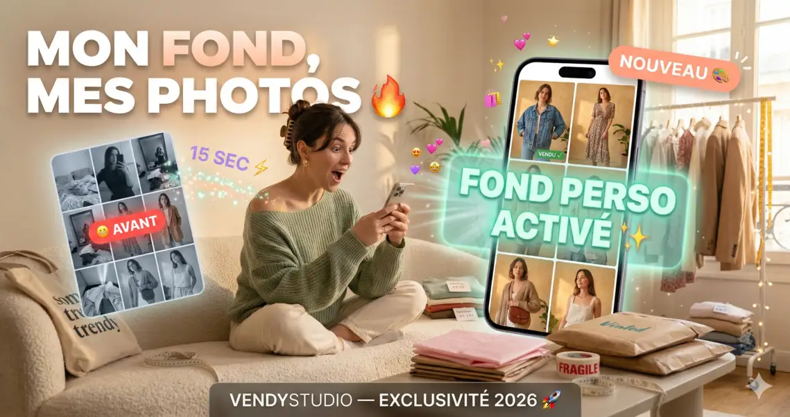 Photo Vinted IA fond personnalisé : mannequin virtuel portant un vêtement devant un décor personnalisé — studio photo IA VendyStudio