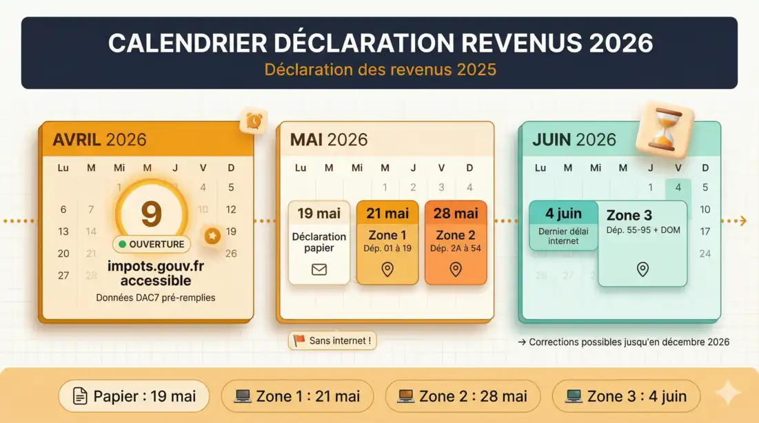 Calendrier déclaration impôts 2026 : dates limites par zone (21 mai, 28 mai, 4 juin) — revenus Vinted