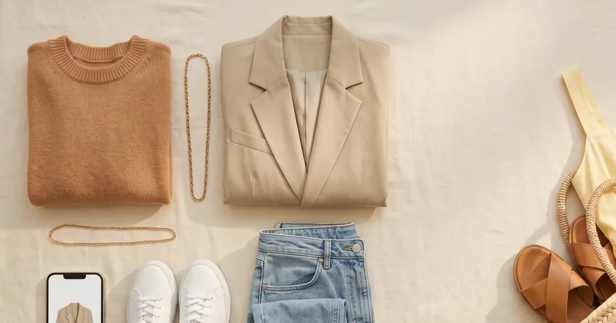 Vêtements de seconde main à plat (blazer beige, pull camel, jean, baskets blanches) illustrant la loi de 2026 sur l'impact environnemental du textile