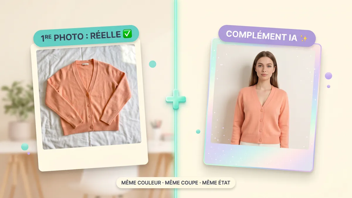 Mélanger vraies photos et visuels IA dans une annonce de revente : première photo réelle, visuel IA en complément