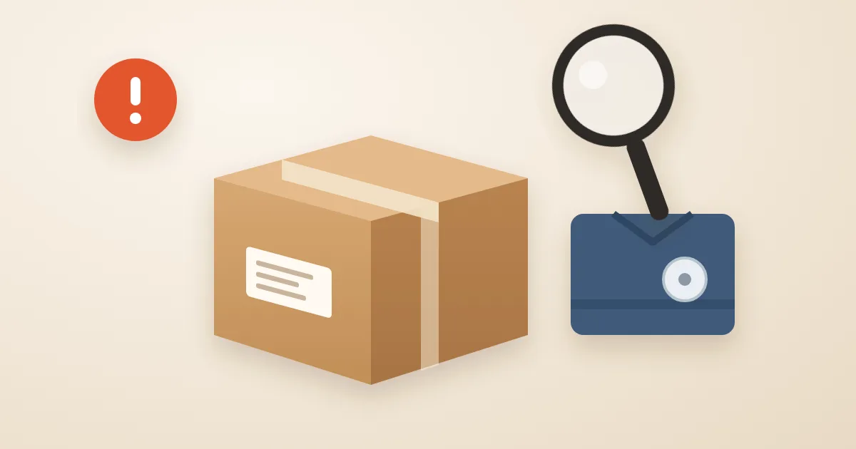 Illustration : un colis, un vêtement plié portant un antivol et une loupe, symboles de la vérification d'un achat sur Vinted