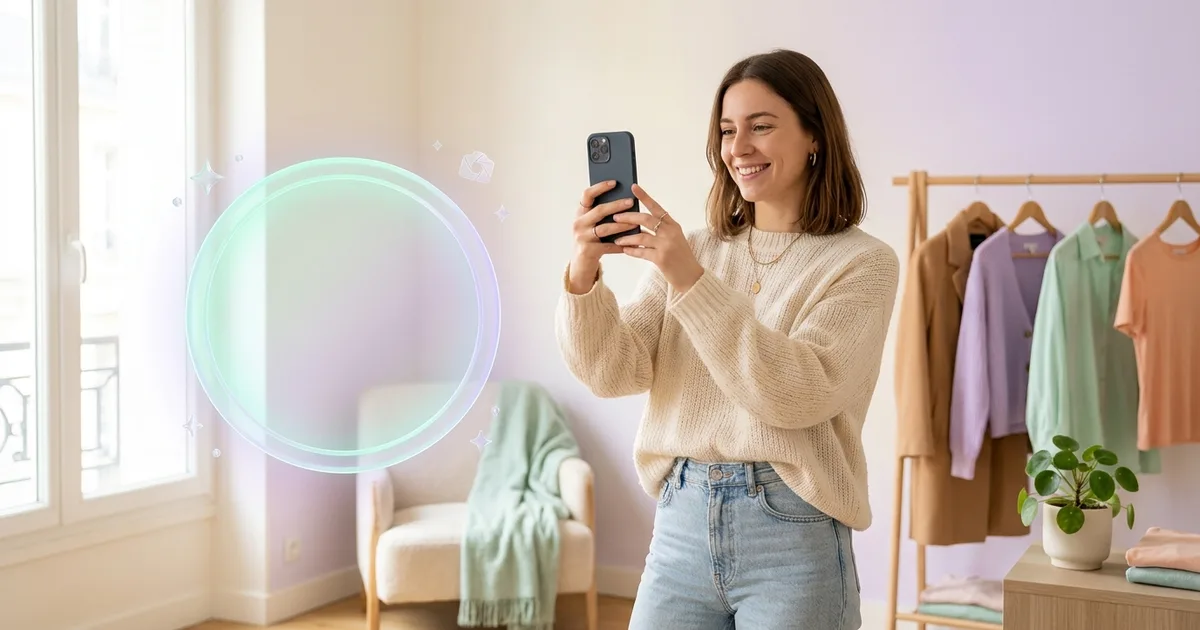 Jeune femme souriante qui prépare sa photo de profil avec son téléphone, près d'une fenêtre, devant un portant de vêtements