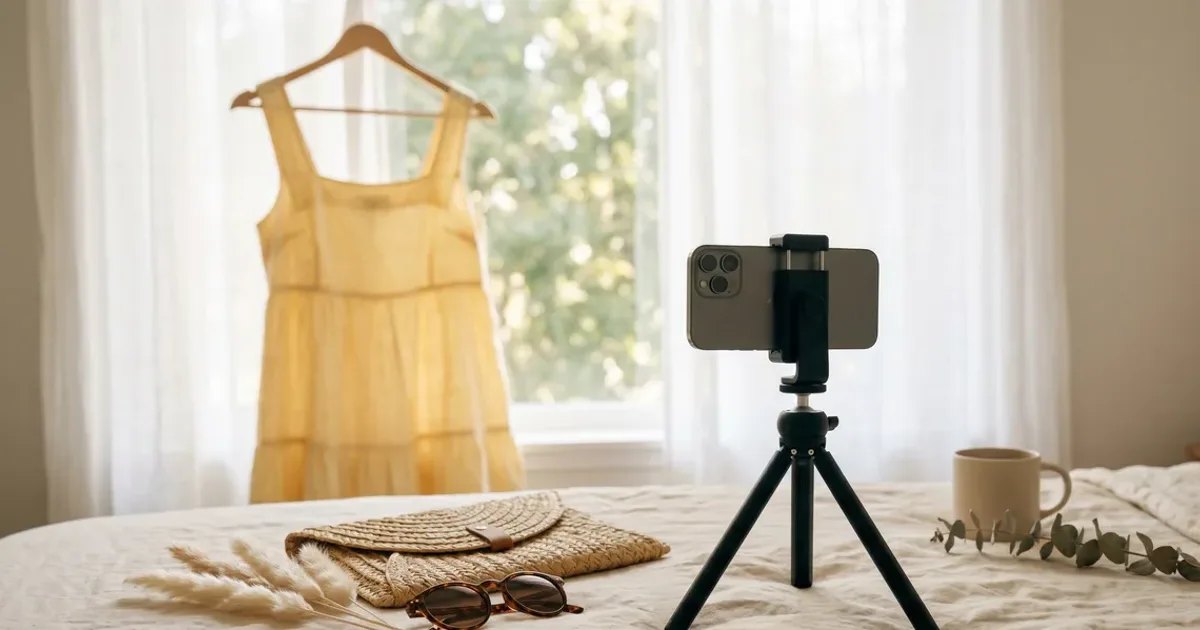 Smartphone sur trépied face à une robe jaune suspendue près d'une fenêtre, pour photographier une annonce de vêtement d'occasion