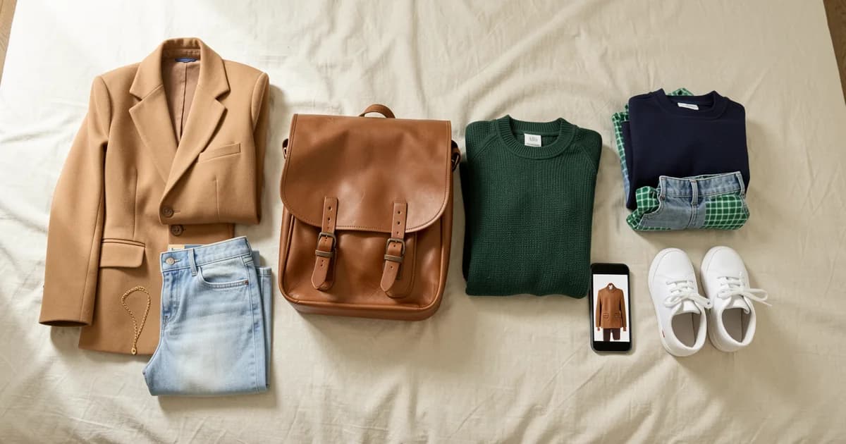 Pièces de rentrée photographiées pour Vinted : blazer, jean droit, cartable et vêtements enfants prêts à publier