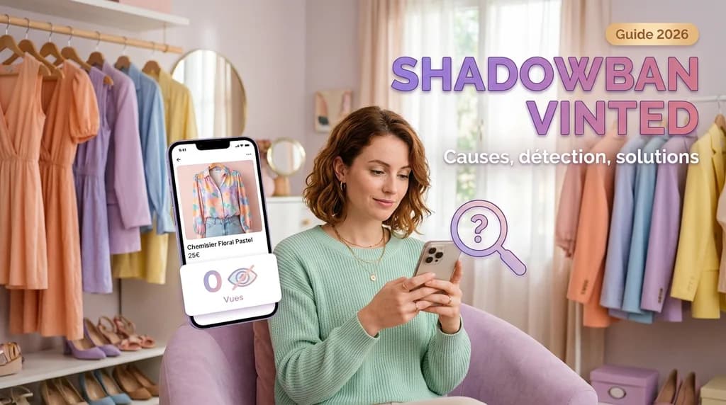 Vendeuse découvrant une annonce Vinted à zéro vue sur son téléphone — guide shadowban 2026
