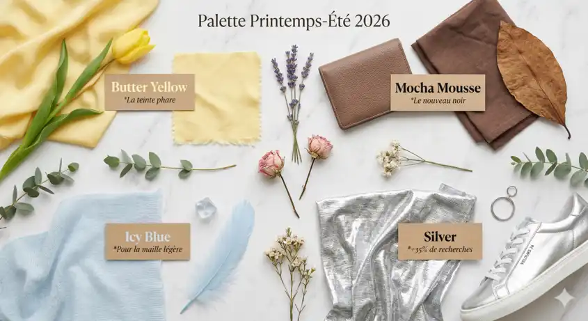 Palette de couleurs tendance printemps-été 2026 Vinted - Butter Yellow, Mocha Mousse, Icy Blue, Silver