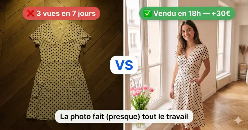 Comparaison photo lifestyle portée vs photo à plat sur Vinted - impact sur les ventes