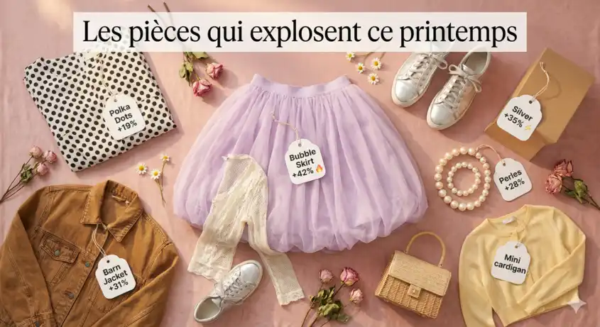 Les 8 pièces tendance qui se vendent vite sur Vinted printemps 2026 - bubble skirt, barn jacket, baskets silver