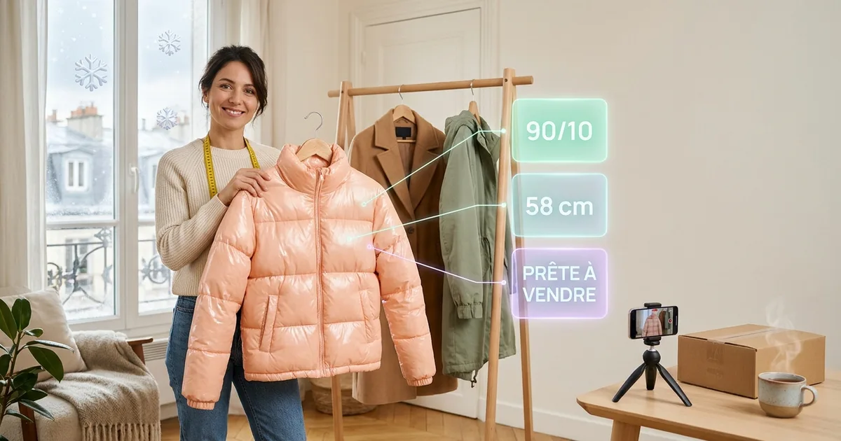 Doudoune et manteau en laine sur un portant dans un appartement lumineux, avec un mètre ruban et un smartphone prêt à photographier l'annonce