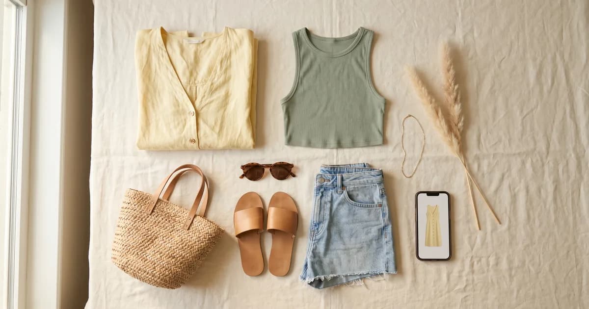 Vide-dressing d'été à plat : pièces de seconde main pastel (haut lin jaune, short en jean, sandales, panier paille, lunettes) prêtes à vendre, avec un smartphone affichant une robe — photo IA VendyStudio