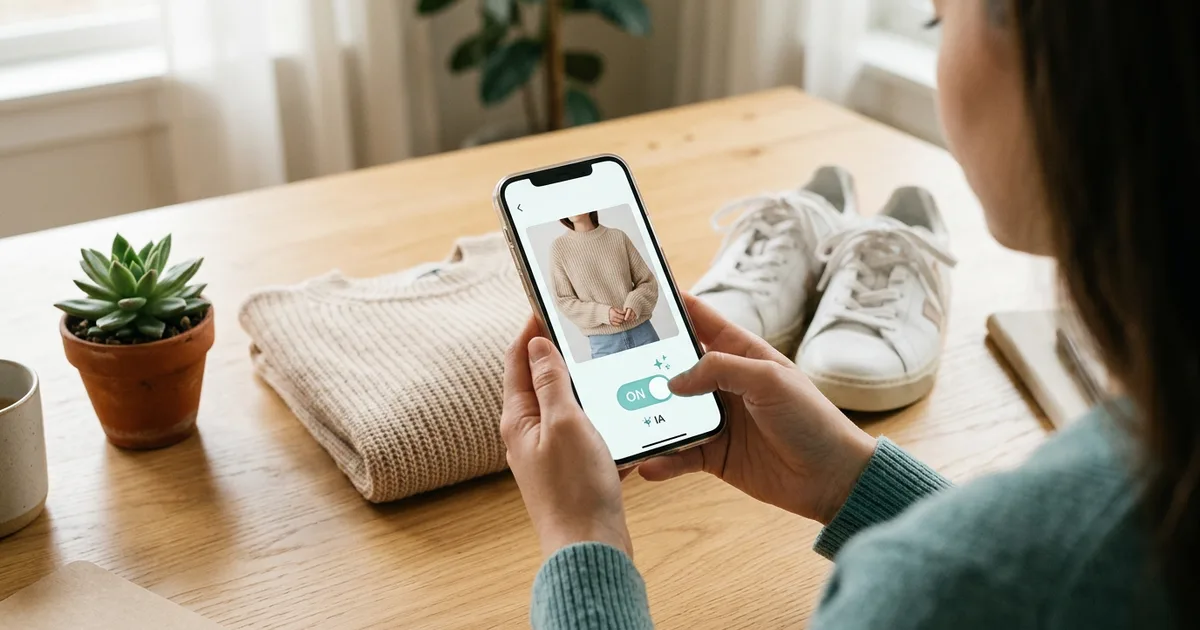 Vendeuse qui active une option IA sur son téléphone en publiant la photo d'un pull sur une appli de seconde main