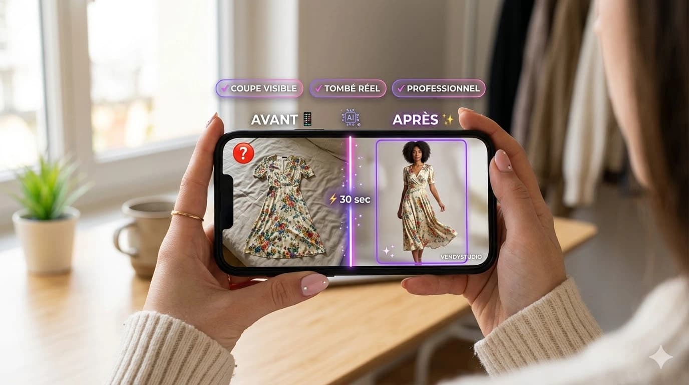 Avant/Après : transformation d'une photo à plat en photo portée par mannequin IA
