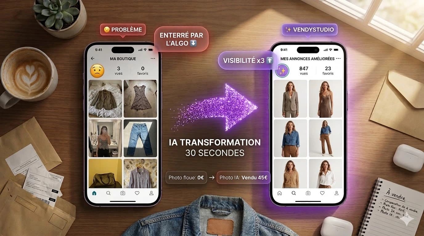 Comparaison entre photo Vinted amateur et photo professionnelle avec mannequin IA