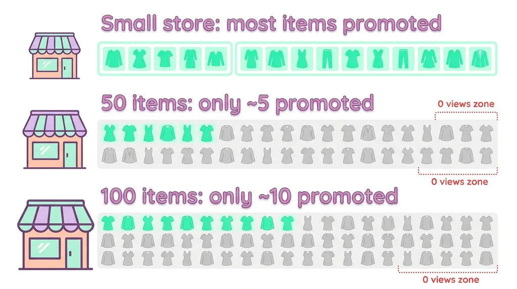 Diagramme montrant comment le plafond de promotion 10% de Vinted fonctionne sur un grand catalogue