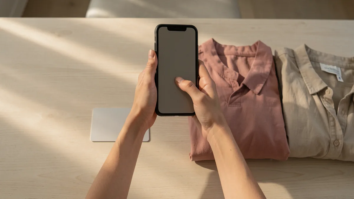 Mains tenant un smartphone au-dessus d'une table en bois, à côté de deux vêtements d'occasion pliés