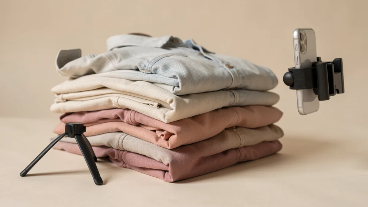 Pile de vêtements d'occasion pliés, photographiée par un smartphone monté sur un trépied
