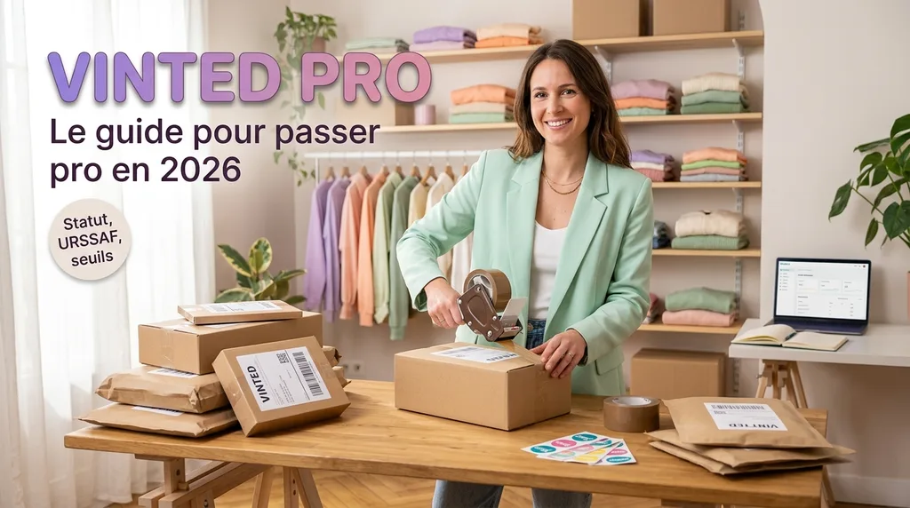 Vendeuse professionnelle Vinted dans son atelier d'expédition avec colis et tableau de bord — guide Vinted Pro 2026