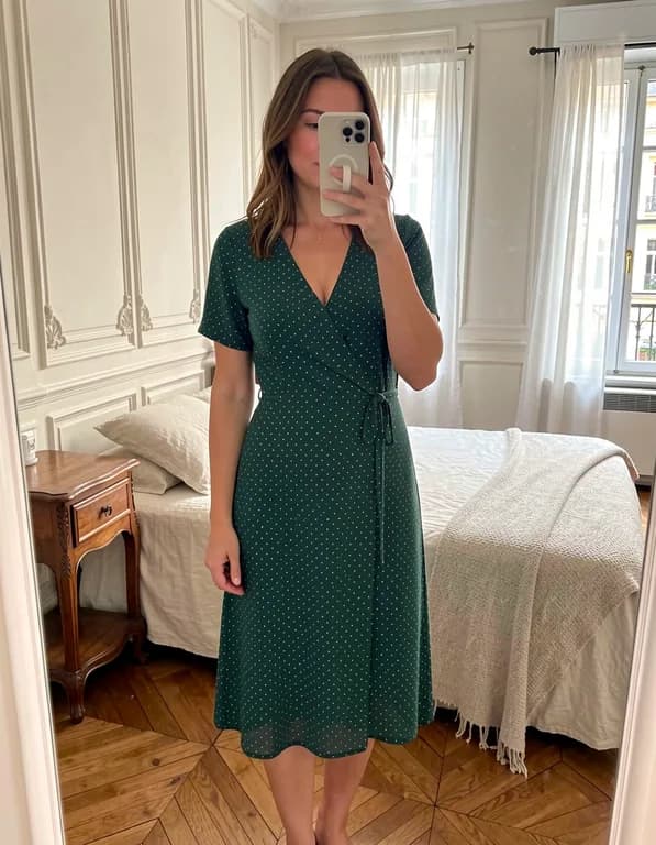 Robe verte à pois portée sur un mannequin virtuel IA, pois et coupe portefeuille préservés